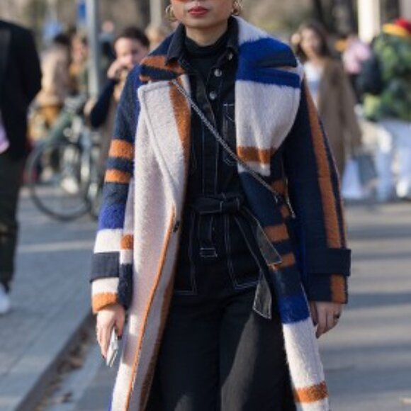 ASOS Fuzzy Mohair Poly Blend Long Coat Colorblock Snap Front Cozy Lined size 12 - Picture 3 of 16